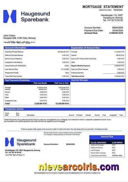 Norway Haugesund Sparebank mortgage statement Word and PDF template
